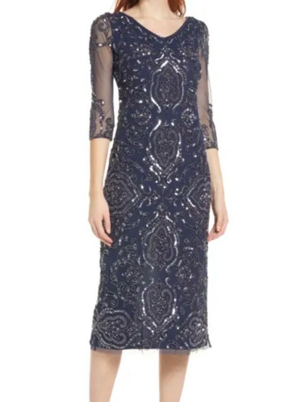 Pisarro Nights Beaded Sequin Smoky Gray Midi Evening Dress Size 14 NWOT Holiday